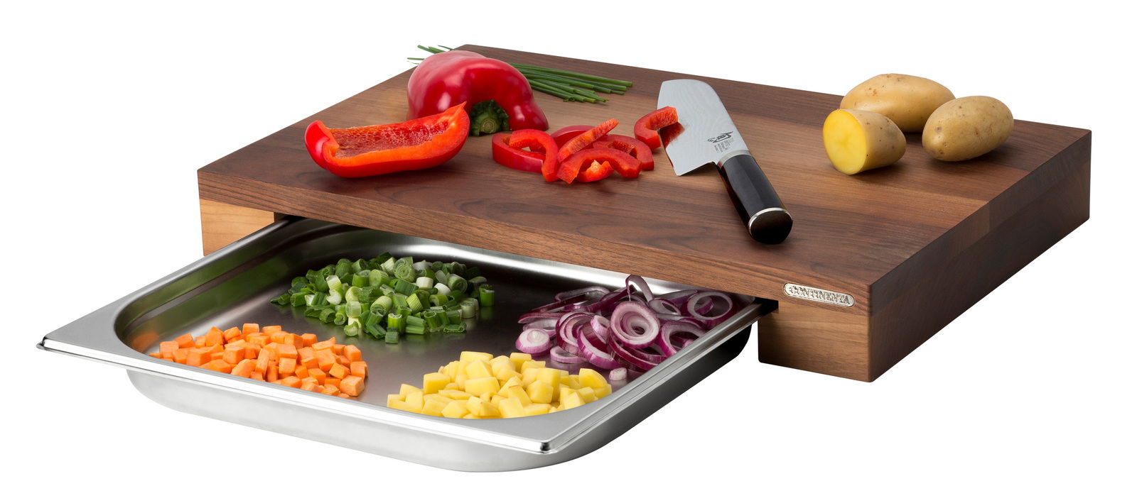 Continenta Multifunktionsbrett mit Schublade Multifunktionsbrett mit Schublade, darauf geschnittenes Gemüse und ein Messer, Perspektive von vorne.