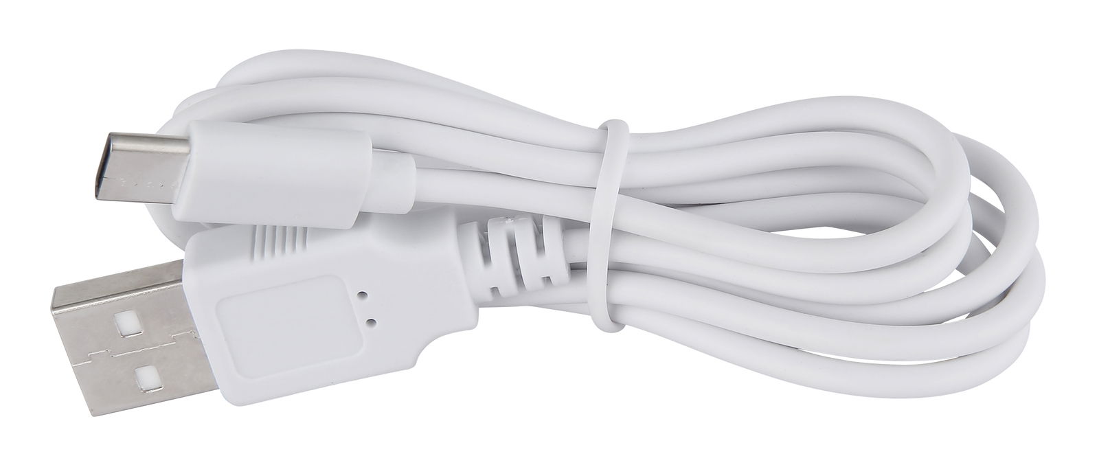 Weißes USB-Kabel mit USB-A- und USB-C-Stecker, seitliche Ansicht