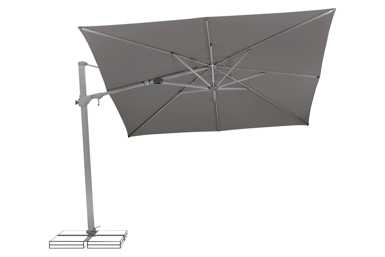Grauer Ampelschirm mit rechteckigem Schirmdach, seitliche Perspektive