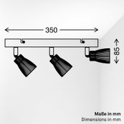Schwarze Decken-Spotleiste mit drei verstellbaren Strahlern, Maßgrafik 350 mm Breite und 85 mm Höhe, Seitenansicht/Frontansicht leicht von unten
