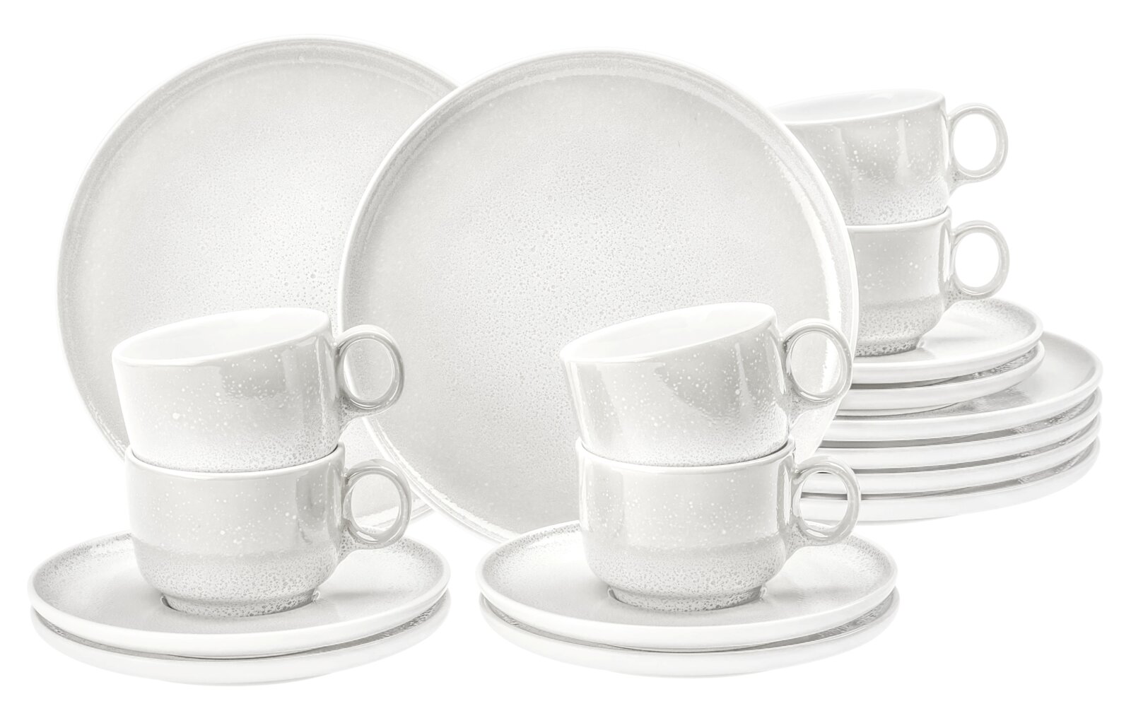 Kaffeeservice 18-teilig in elegantem Weiß mit dezentem Muster, bestehend aus Tassen, Untertassen und Tellern, frontal präsentiert.