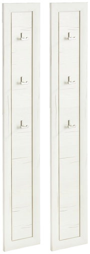 Zwei weiße Garderobenpaneele mit jeweils drei Haken, frontal abgebildet.