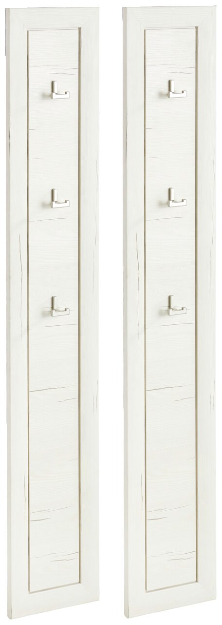 Zwei weiße Garderobenpaneele mit jeweils drei Haken, frontal abgebildet.