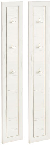 Zwei weiße Garderobenpaneele mit jeweils drei Haken, frontal abgebildet.