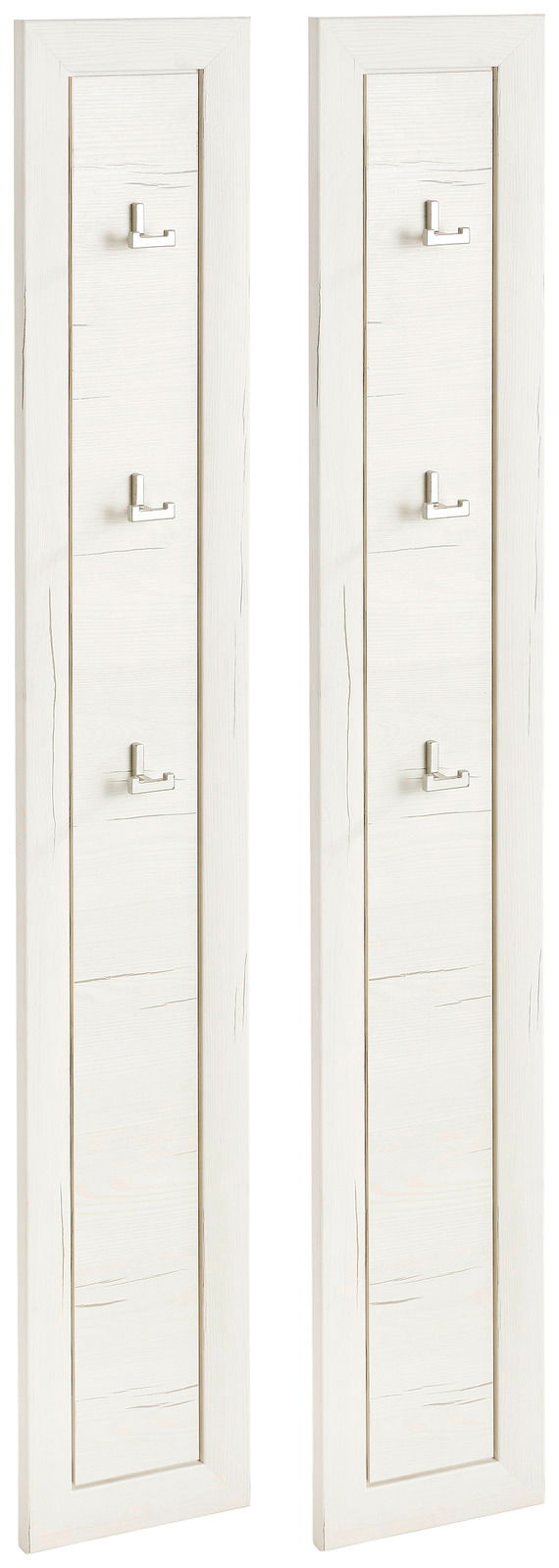 Zwei weiße Garderobenpaneele mit jeweils drei Haken, frontal abgebildet.