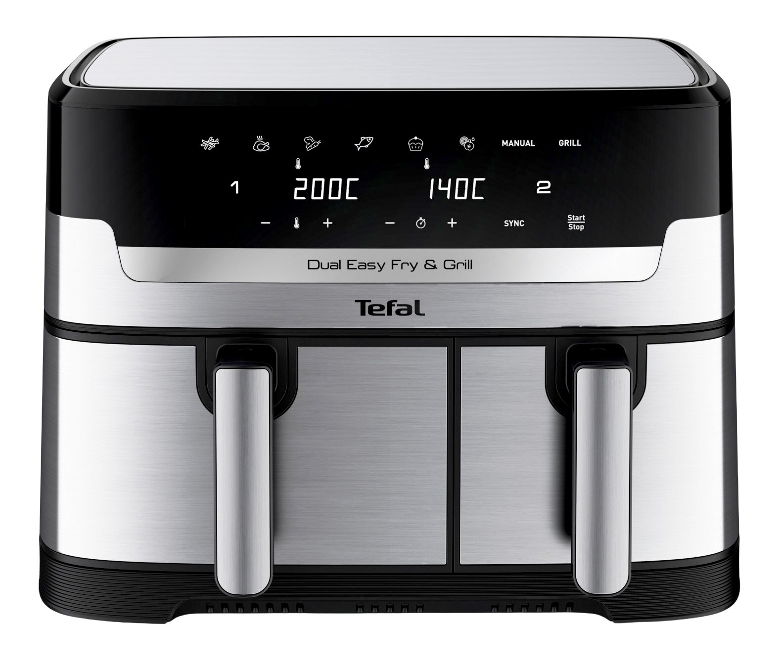 Vorderansicht der Dual Easy Fry & Grill Heißluftfritteuse mit digitalem Display und zwei Griffen.
