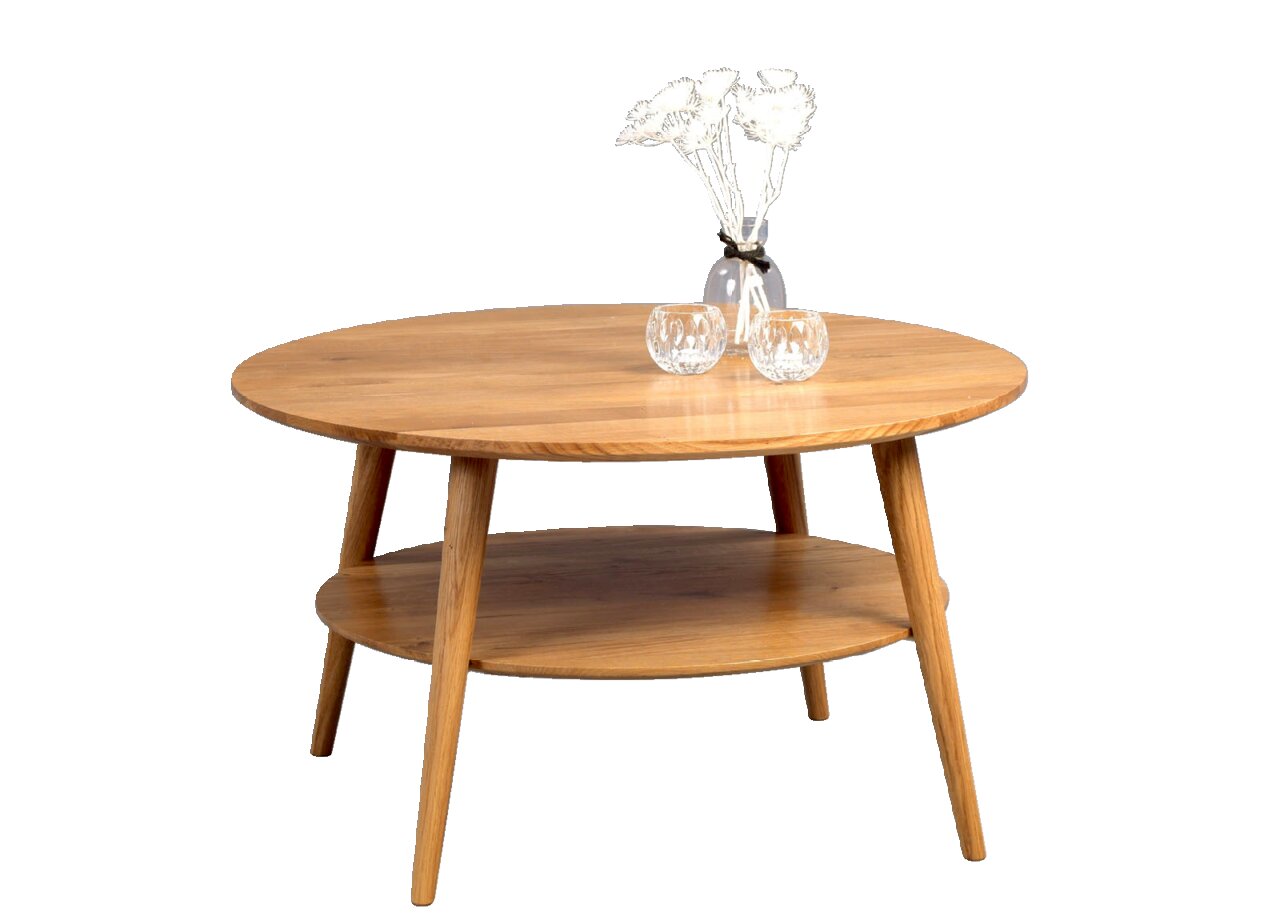 Runder Couchtisch aus Holz mit zwei Ebenen, dekoriert mit einer Vase und zwei Gläsern, seitliche Perspektive