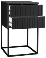 Moderne Nachtkommode mit zwei offenen Schubladen, schwarze geriffelte Fronten und Metallgestell, seitliche Perspektive