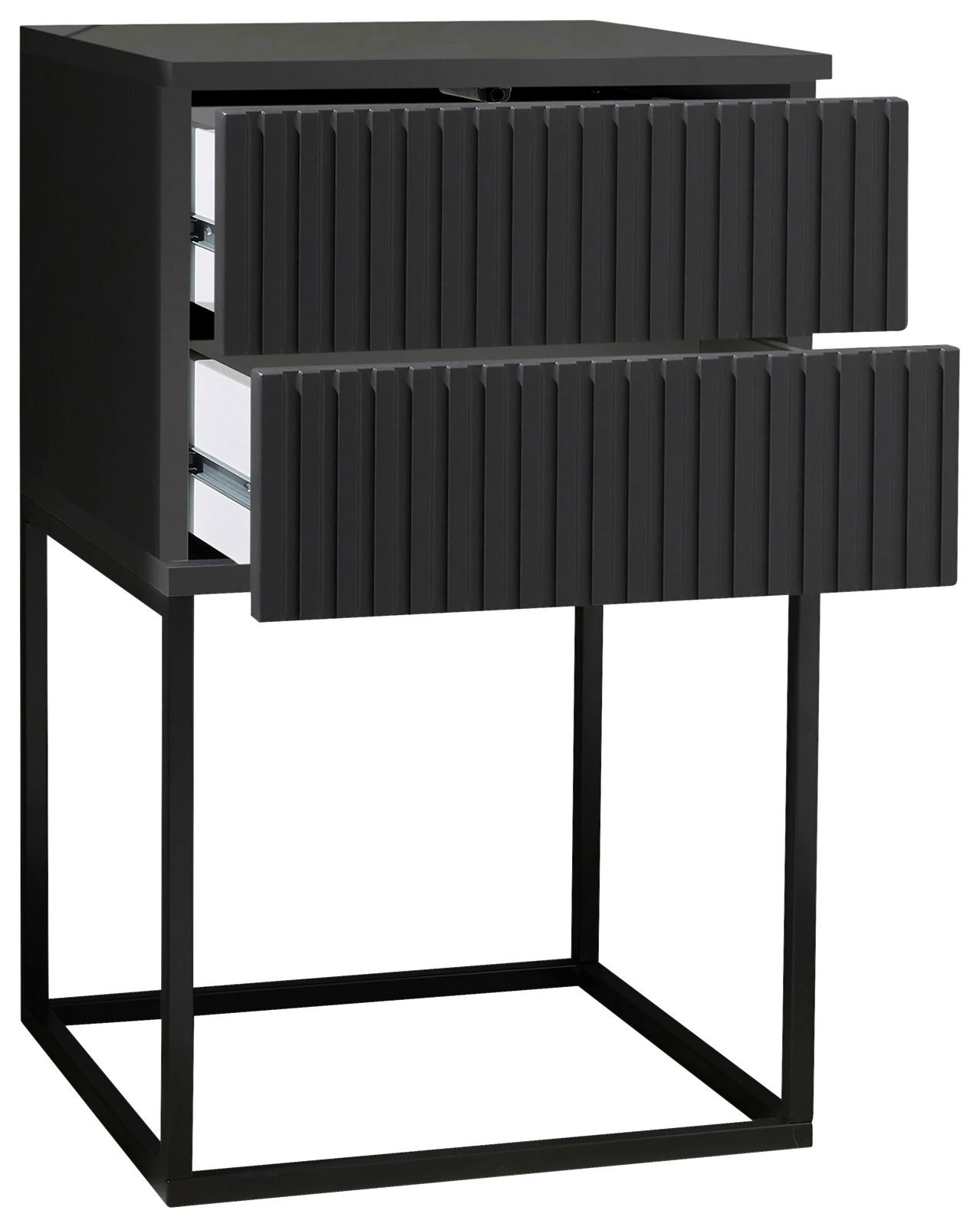 Moderne Nachtkommode mit zwei offenen Schubladen, schwarze geriffelte Fronten und Metallgestell, seitliche Perspektive