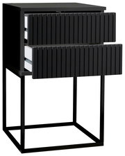 Moderne Nachtkommode mit zwei offenen Schubladen, schwarze geriffelte Fronten und Metallgestell, seitliche Perspektive