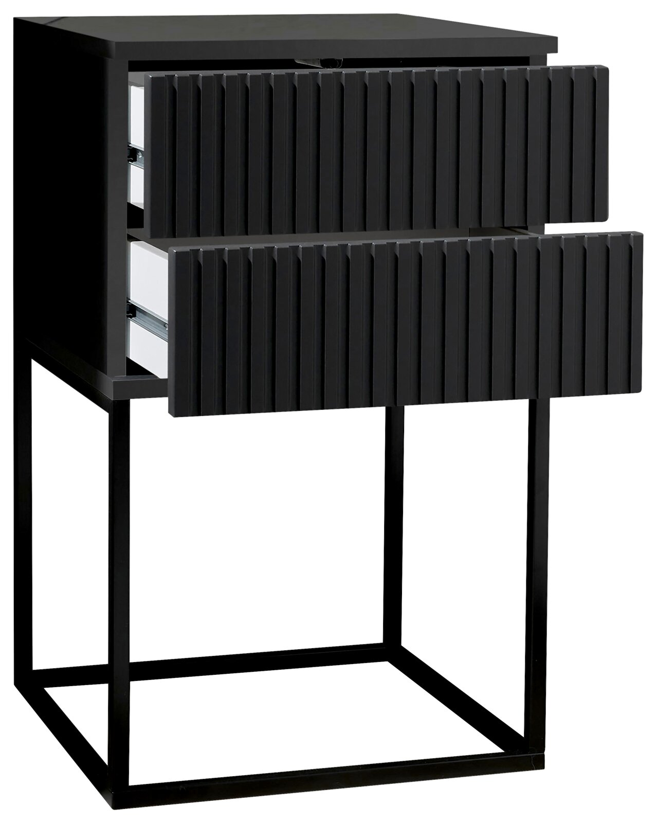 Moderne Nachtkommode mit zwei offenen Schubladen, schwarze geriffelte Fronten und Metallgestell, seitliche Perspektive