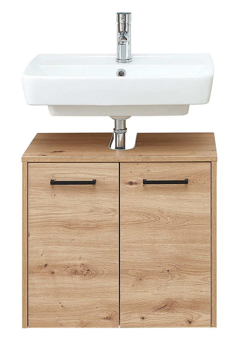 XORA Waschbeckenunterschrank XO1000 Frontansicht eines modernen Waschbeckenunterschranks aus Holz mit zwei Türen und einem weißen Waschbecken darüber.