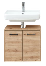 Frontansicht eines modernen Waschbeckenunterschranks aus Holz mit zwei Türen und einem weißen Waschbecken darüber.