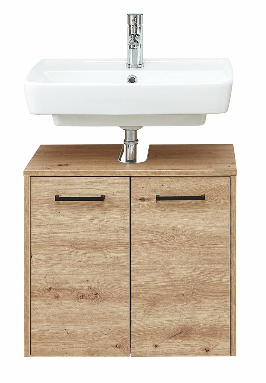 XORA Waschbeckenunterschrank XO1000 Frontansicht eines modernen Waschbeckenunterschranks aus Holz mit zwei Türen und einem weißen Waschbecken darüber.