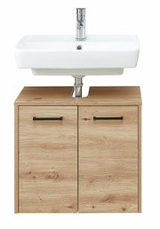 Frontansicht eines modernen Waschbeckenunterschranks aus Holz mit zwei Türen und einem weißen Waschbecken darüber.