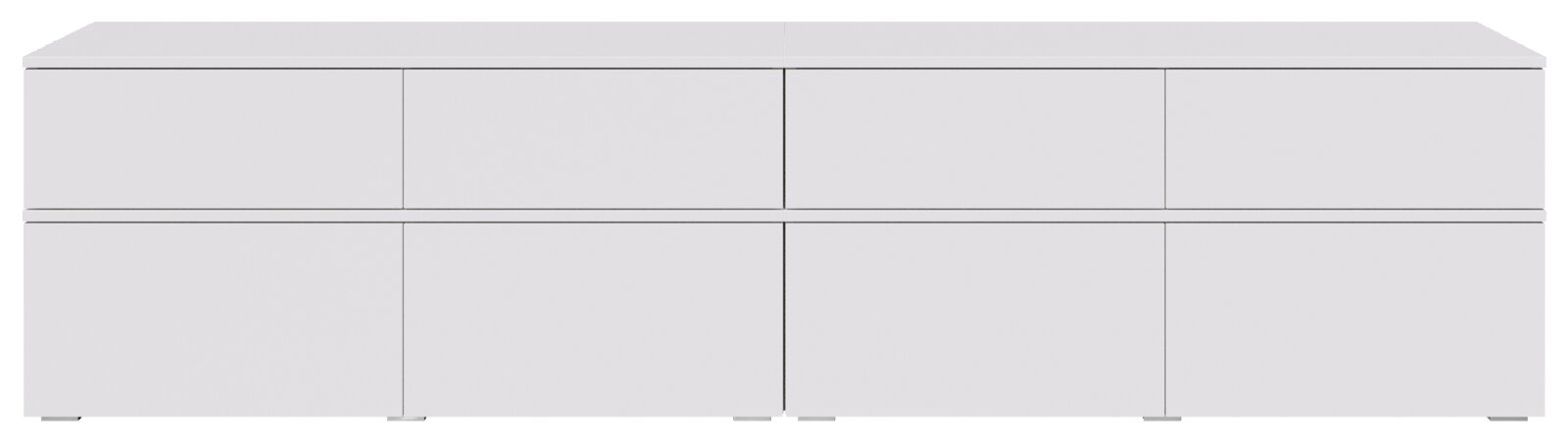 Weißes Sideboard mit klaren, grifflosen Fronten und niedrigen Füßen, Frontansicht gerade von vorn vor hellem Hintergrund