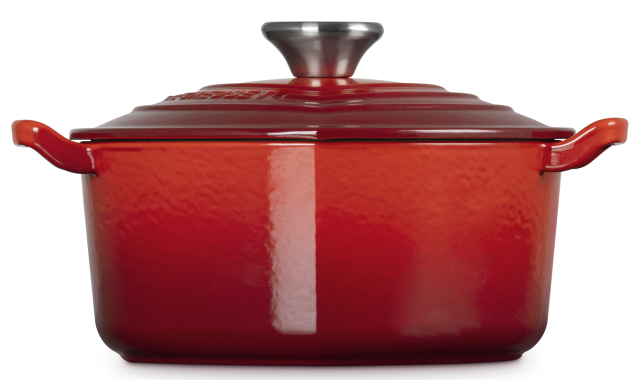 Roter Herz-Bräter mit Deckel, Vorderansicht