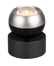 Moderne Tischleuchte mit kugelförmigem Design, silbernem und schwarzem Finish, seitliche Perspektive
