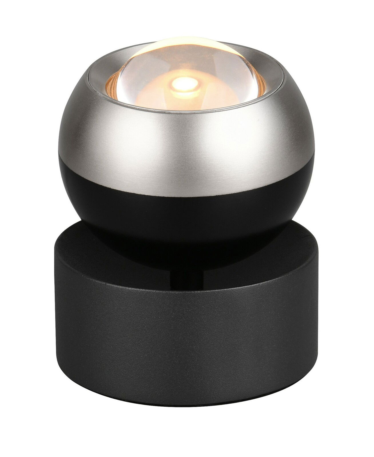 Moderne Tischleuchte mit kugelförmigem Design, silbernem und schwarzem Finish, seitliche Perspektive
