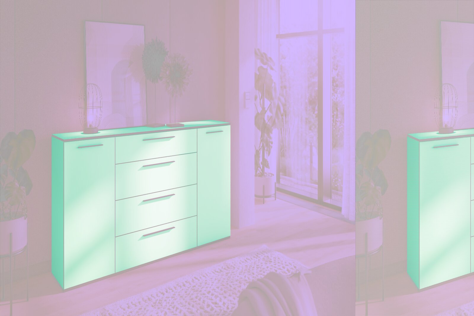 Novel XL-Sideboard SOUL Modernes weißes Sideboard mit Schubladen und Türen, dekoriert mit einer Lampe und Kunstobjekten, in einem hellen Raum mit Blick auf den Garten. Perspektive von schräg vorne.