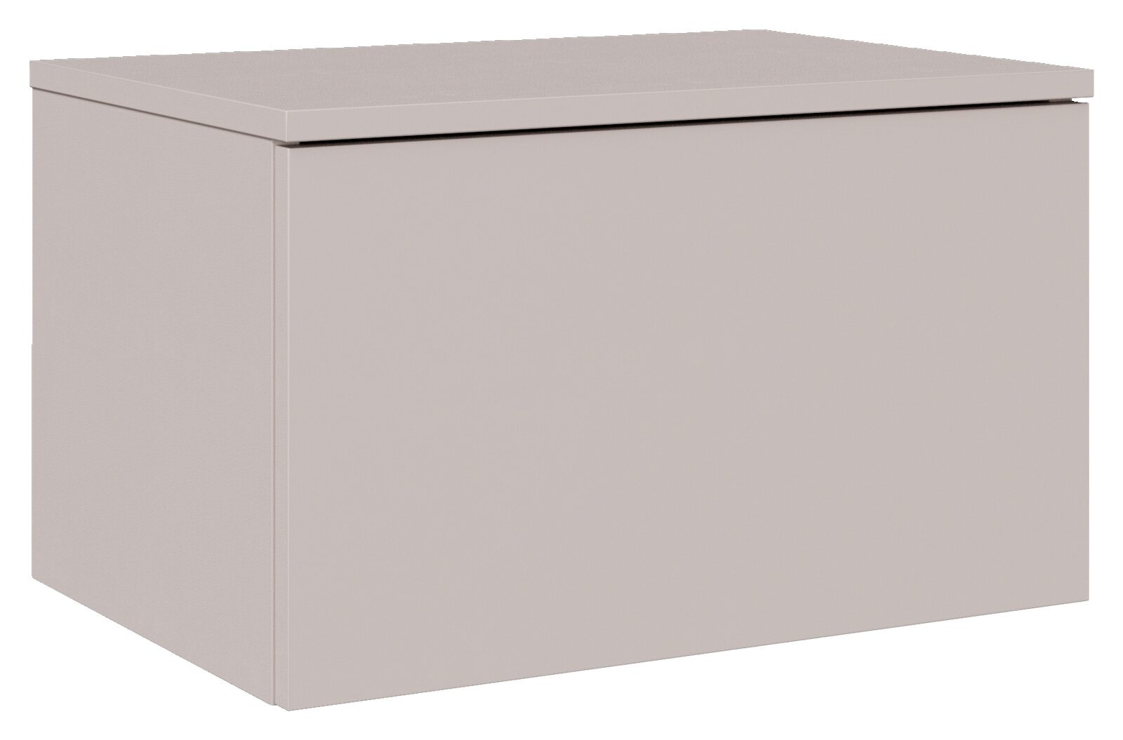 Weißer, minimalistischer Wand-Hängeschrank mit glatter Front und Deckplatte, schräg von vorne links (3/4-Ansicht) freigestellt
