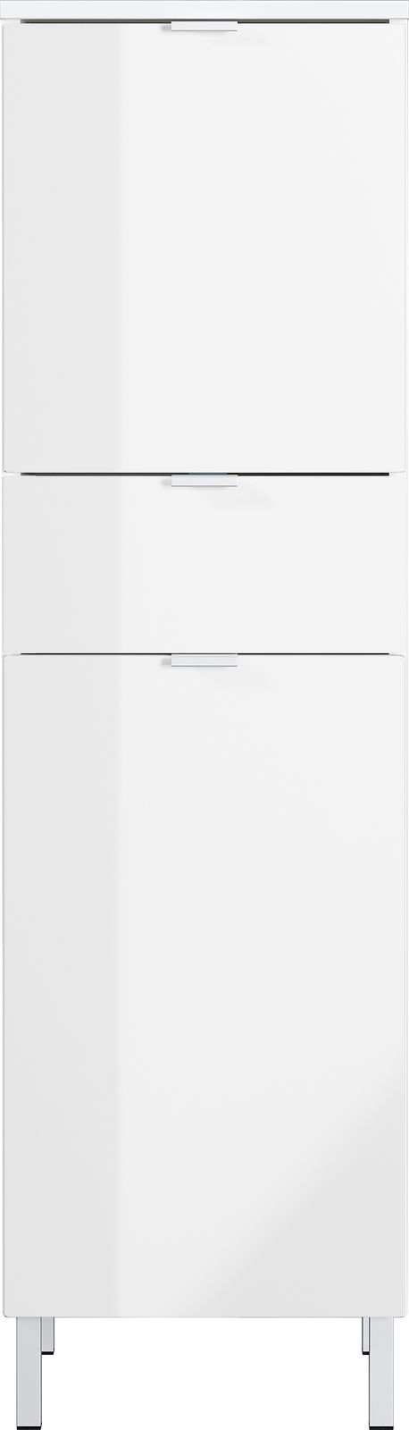 Moderner weißer Schrank mit drei Schubladen, frontal abgebildet.