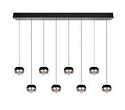 Moderne Pendelleuchte mit acht kugelförmigen Lampen, von unten betrachtet