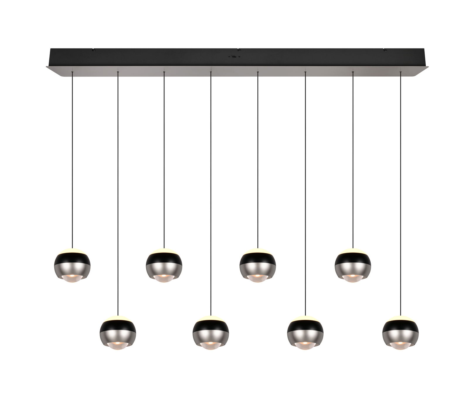 Moderne Pendelleuchte mit acht kugelförmigen Lampen, von unten betrachtet