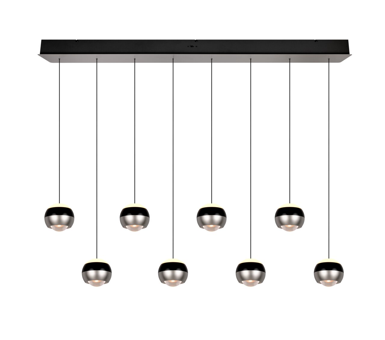 Moderne hanglamp met acht bolvormige lampen, gezien van onderaf