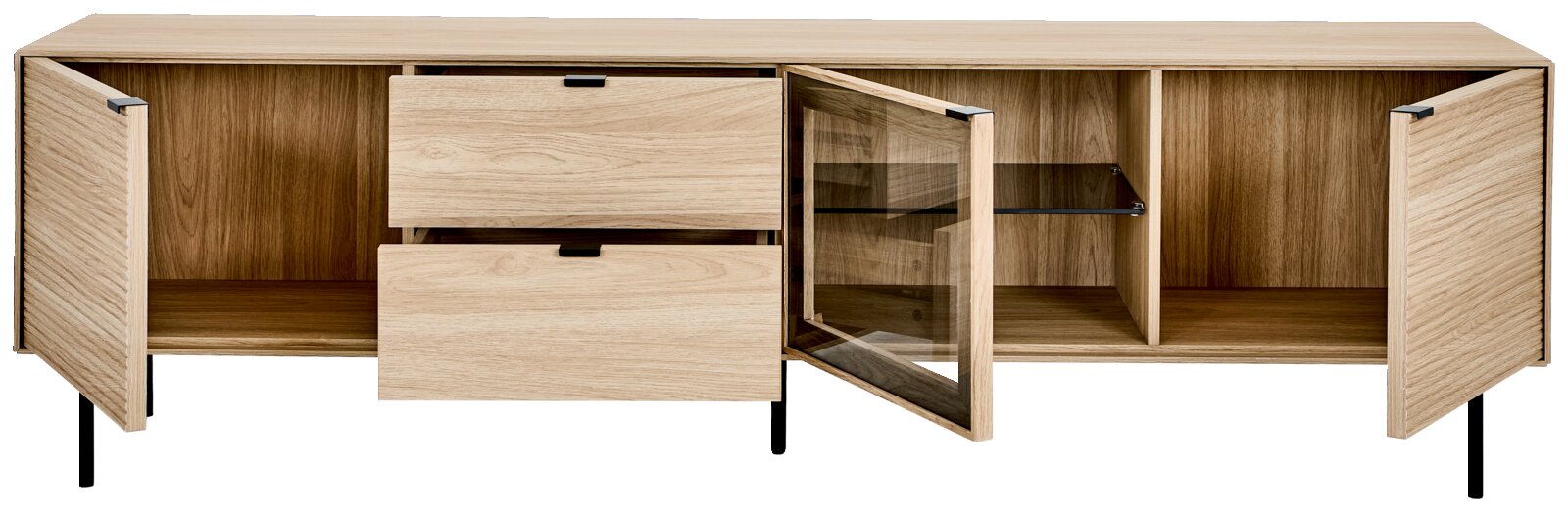 Offenes Sideboard aus hellem Holz mit zwei Schubladen, seitlichen Türen und einer Glastür mit Glasboden, auf schwarzen Metallfüßen, frontal in leichter Schrägansicht