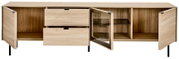 Offenes Sideboard aus hellem Holz mit zwei Schubladen, seitlichen Türen und einer Glastür mit Glasboden, auf schwarzen Metallfüßen, frontal in leichter Schrägansicht