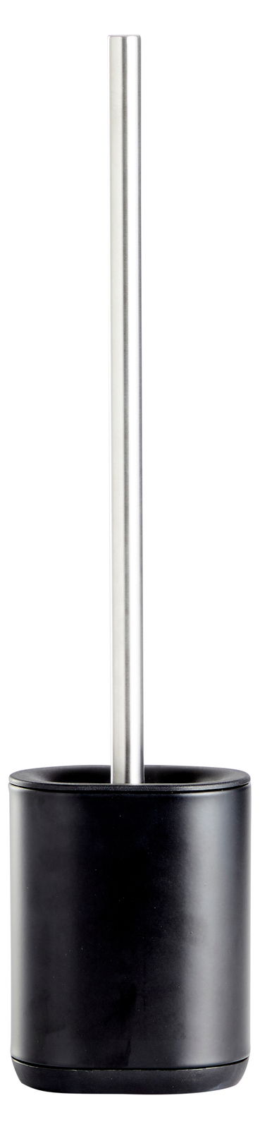 Toilettenbürste mit schwarzem Behälter und silbernem Griff, Frontalansicht
