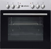 Moderner Einbauofen mit Edelstahlblende und fünf Drehknöpfen, Frontalansicht