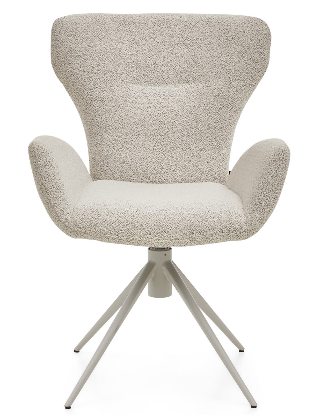 Moderne fauteuil met lichtgrijze stoffen bekleding en metalen frame, vooraanzicht