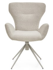 Moderne fauteuil met lichtgrijze stoffen bekleding en metalen frame, vooraanzicht
