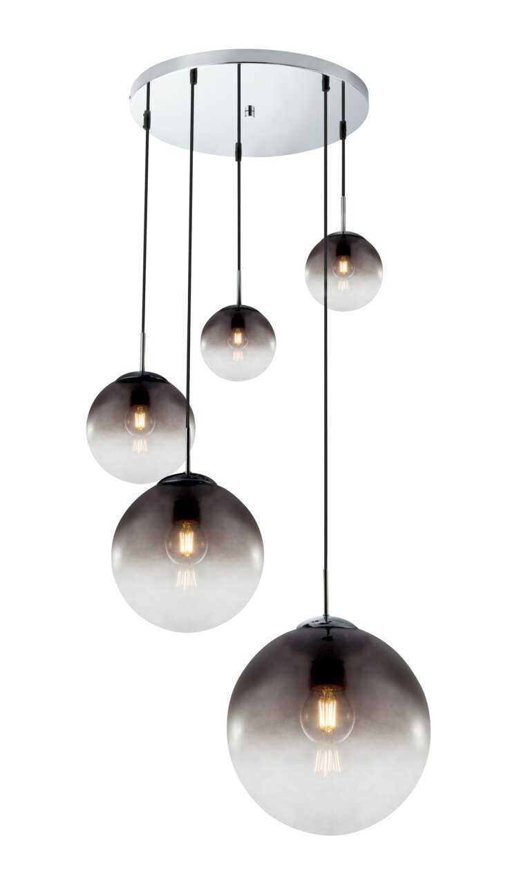Globo Lighting Hängeleuchte VARUS Moderne Hängeleuchte mit fünf rauchgrauen Glaskugeln, die von einer runden Deckenplatte hängen. Perspektive von unten.