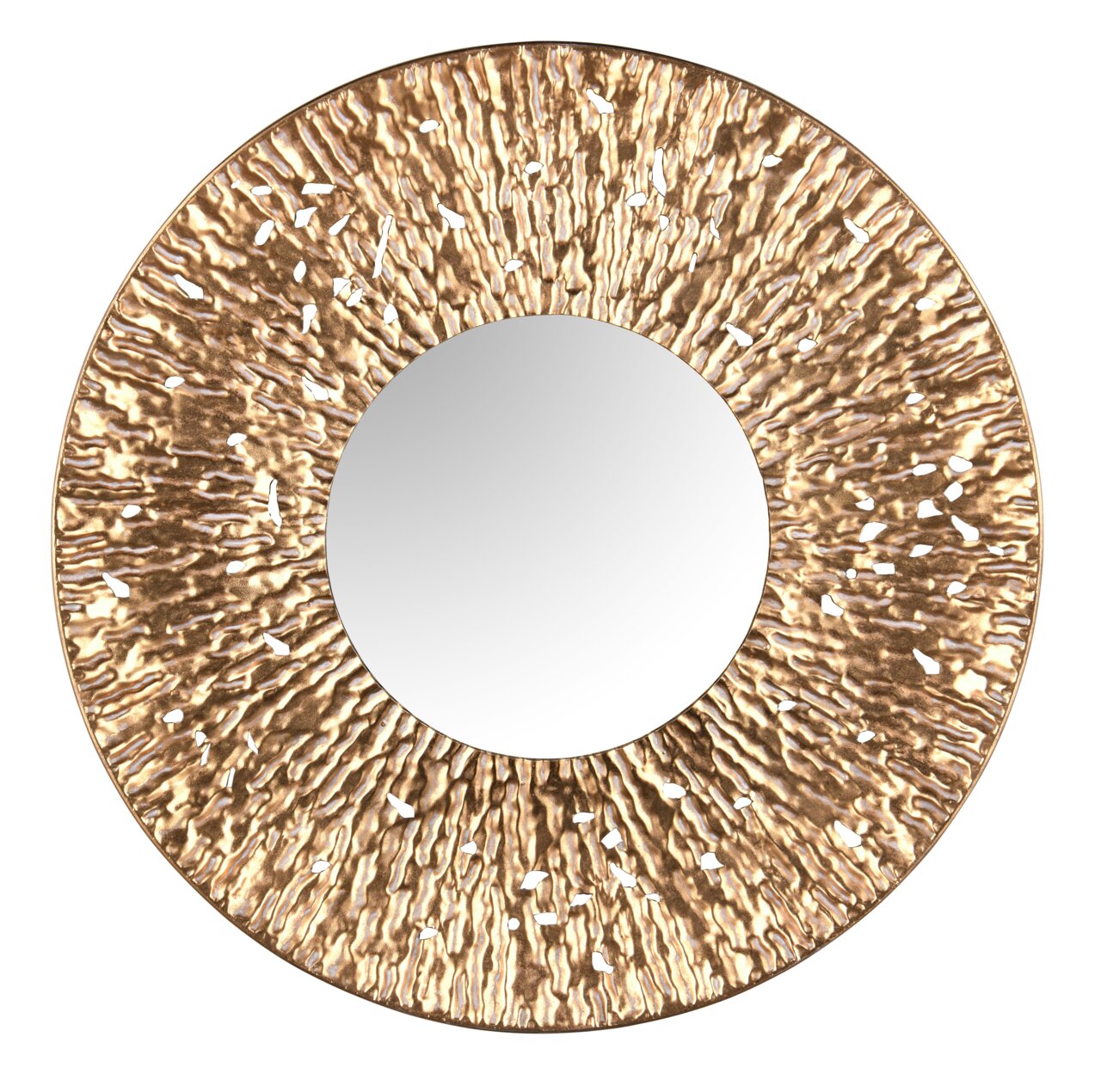 Ronde spiegel met een diameter van 80 cm, omgeven door een goudkleurige, gestructureerde lijst. Vooraanzicht.