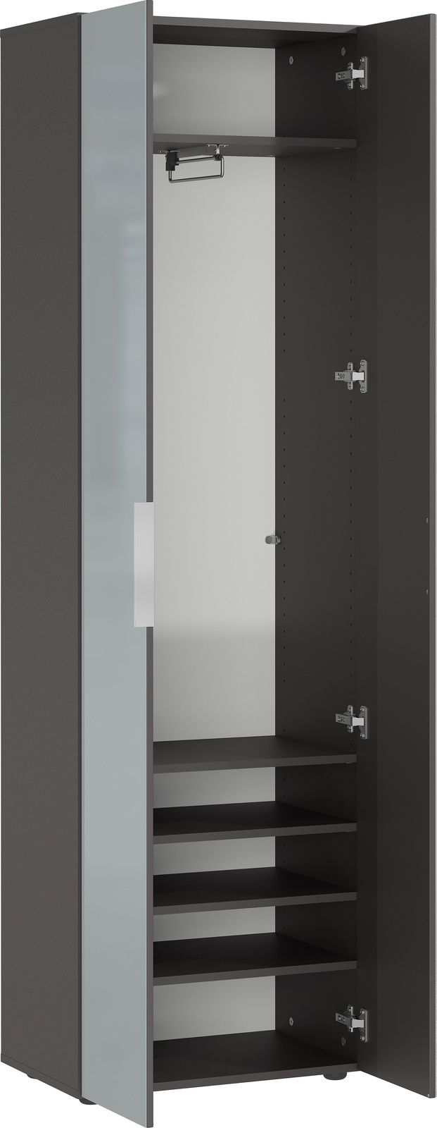 Offener Garderobenschrank mit mehreren Regalböden und einer Kleiderstange, Ansicht von vorne.