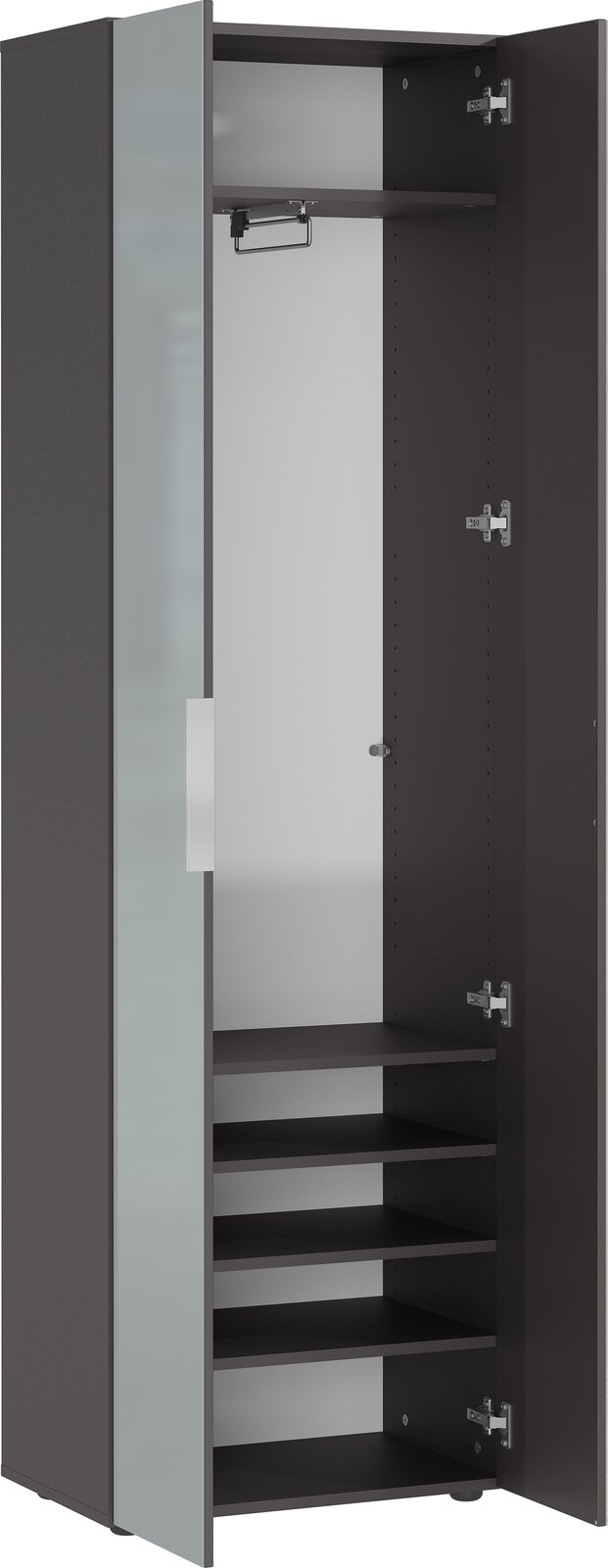 Offener Garderobenschrank mit mehreren Regalböden und einer Kleiderstange, Ansicht von vorne.