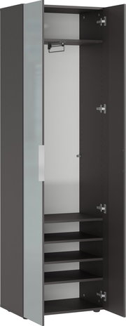 Offener Garderobenschrank mit mehreren Regalböden und einer Kleiderstange, Ansicht von vorne.