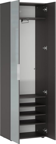 Offener Garderobenschrank mit mehreren Regalböden und einer Kleiderstange, Ansicht von vorne.