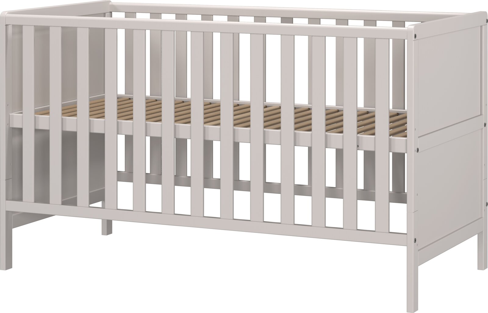Wit houten babybedje met spijlen, zijaanzicht