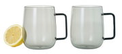 Zwei transparente Tassen mit schwarzen Griffen, frontal abgebildet, neben einer halben Zitrone.