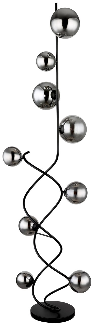 Moderne Stehleuchte mit verschnörkeltem schwarzen Gestell und mehreren glänzenden Kugeln, seitliche Perspektive