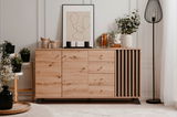 Modernes Sideboard aus Holz mit Schubladen und Türen, dekoriert mit Pflanzen und Kunstobjekten, frontal fotografiert.