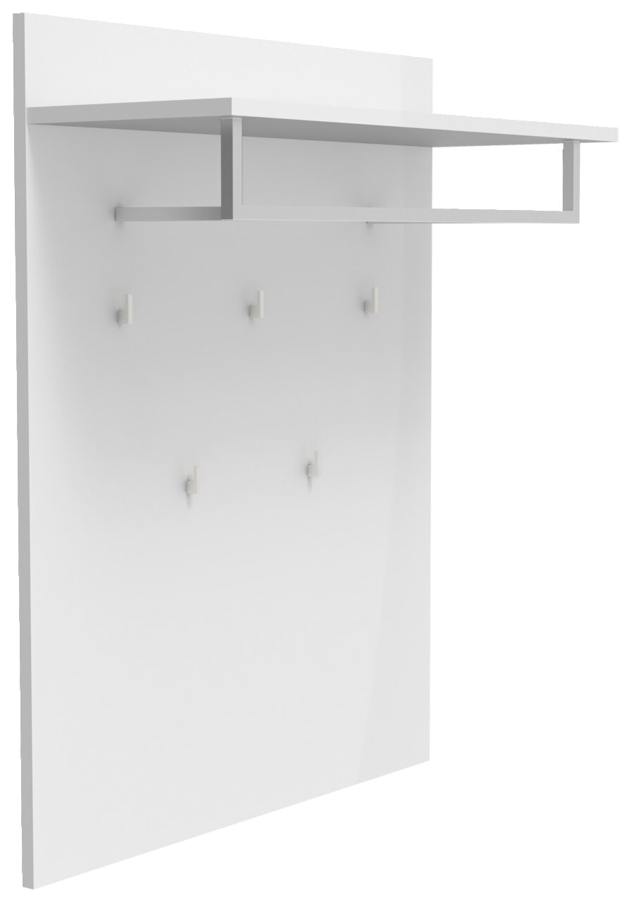 Novel Garderobenpaneel DALTON Weiße Wandgarderobe mit Ablage und Kleiderstange sowie fünf Haken, in schräger Frontansicht von links vor weißem Hintergrund