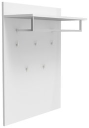 Weiße Wandgarderobe mit Ablage und Kleiderstange sowie fünf Haken, in schräger Frontansicht von links vor weißem Hintergrund