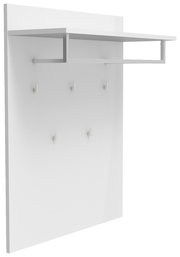 Weiße Wandgarderobe mit Ablage und Kleiderstange sowie fünf Haken, in schräger Frontansicht von links vor weißem Hintergrund