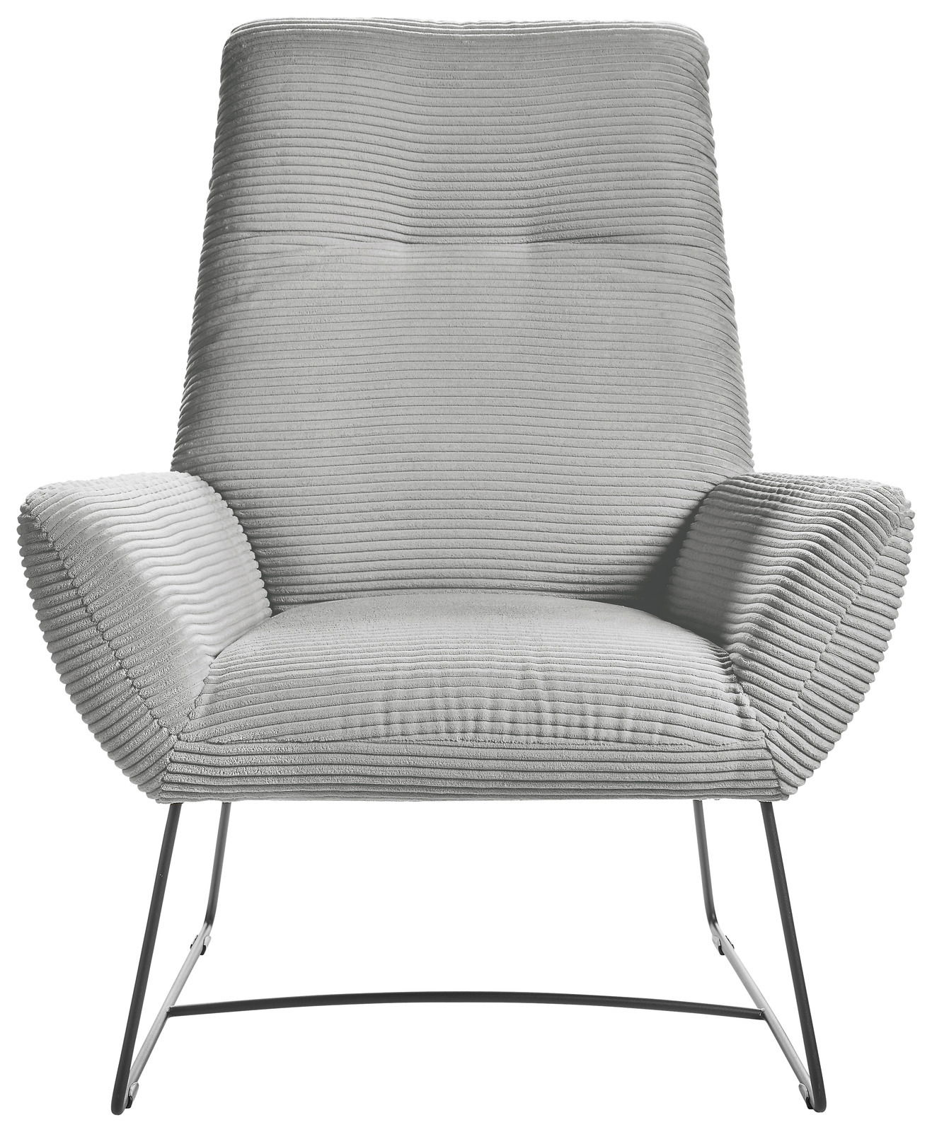 Grauer Sessel mit geripptem Stoffbezug und Metallbeinen, Frontalansicht