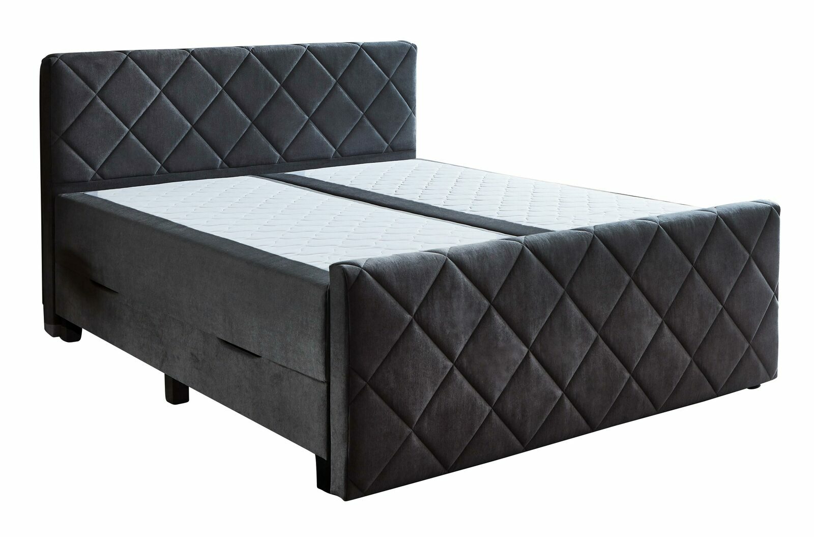 Boxspringbett in dunklem Stoff mit gestepptem Kopf- und Fußteil, seitliche Perspektive